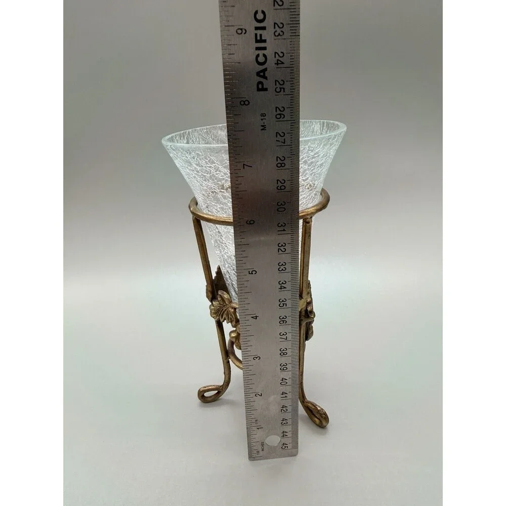 Vtg Pier 1 Hollywood Regency Crackle Glass Trumpet Vase Footed Brass Grape Stand